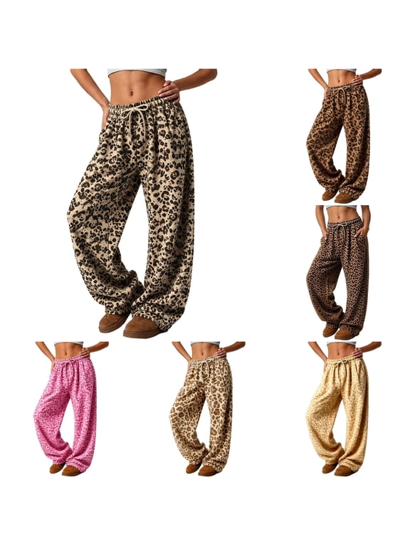 Womens Leopard Print Pants Drawstring Waist Wide Leg Full Length Relaxed Casual Lounge Trousers