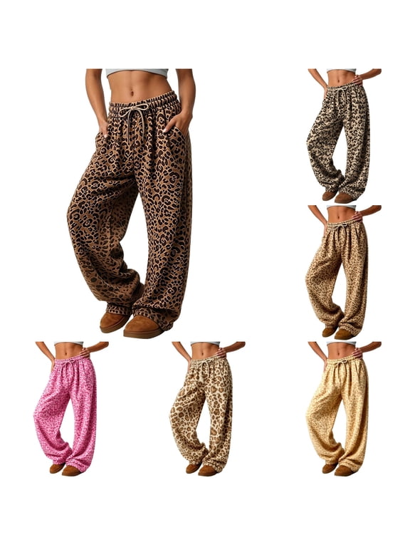 Womens Leopard Print Pants Drawstring Waist Wide Leg Full Length Relaxed Casual Lounge Trousers