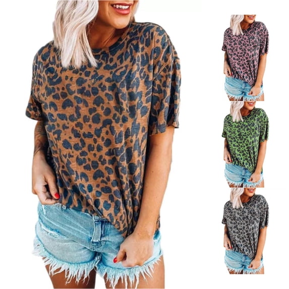 Trendfront Womens Leopard Print T Shirts With Cheetah Print Accent Crewneck Short Sleeve Relaxed Fit Casual Summer Everyday Animal Graphic Tee Tops