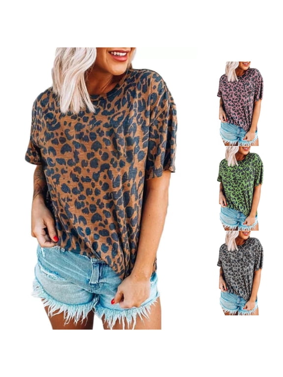 Womens Leopard Print T Shirts With Cheetah Print Accent Crewneck Short Sleeve Relaxed Fit Casual Summer Everyday Animal Graphic Tee Tops