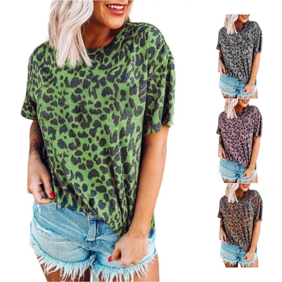 Trendfront Womens Leopard Print T Shirts With Cheetah Print Accent Crewneck Short Sleeve Relaxed Fit Casual Summer Everyday Animal Graphic Tee Tops