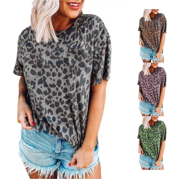 Trendfront Womens Leopard Print T Shirts With Cheetah Print Accent Crewneck Short Sleeve Relaxed Fit Casual Summer Everyday Animal Graphic Tee Tops