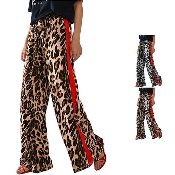 Trendfront Womens Leopard Print Wide Leg Pants Elastic Drawstring Waist Red Side Stripe Cheetah Print Full Length Loose Fit Casual Bottoms
