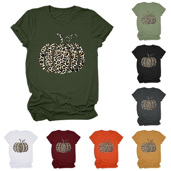 Trendfront Womens Leopard Pumpkin Graphic T Shirts Crewneck Short Sleeve Fall Halloween Casual Tee Tops Seasonal Party Wear