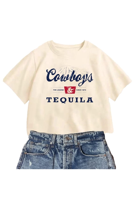 Womens Letter Print Crop Top Short Sleeve Summer Crewneck Fashion T Shirts Western Rodeo Style Relaxed Fit Pullover Clothing