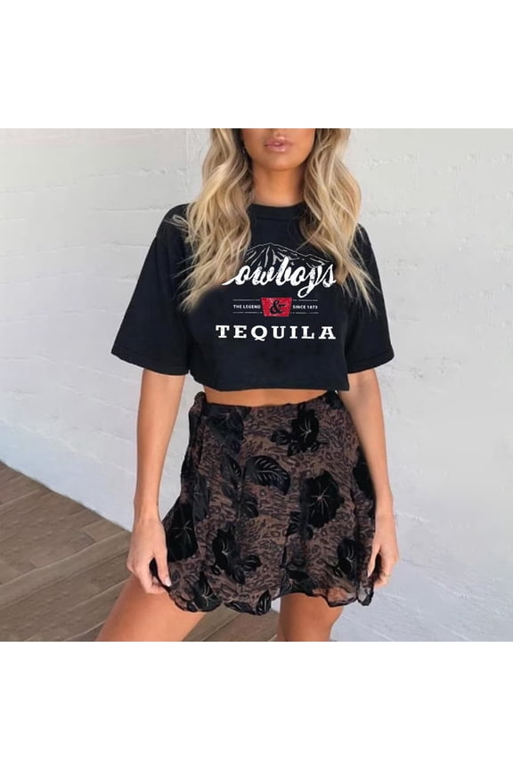 Womens Letter Print Crop Tops Short Sleeve Summer Crewneck T Shirts Western Rodeo Style Daily Streetwear Outfits