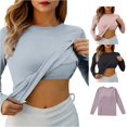 thumbnail image 1 of Trendfront Womens Long Sleeve Crop Top Crew Neck Fitted Stretch Double Layer Gym Workout Training Casual Athletic Tops, 1 of 6