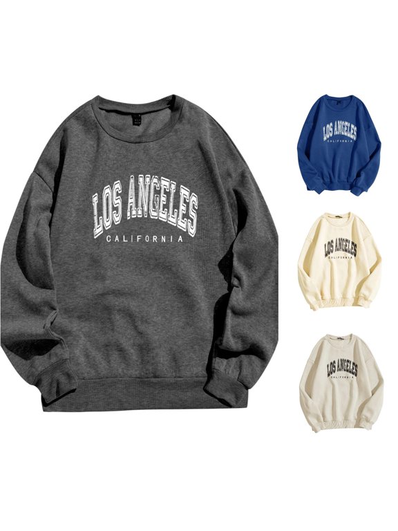 Womens Los Angeles Graphic Sweatshirt Crewneck Long Sleeve Letter Print California City Theme Casual Pullover Top