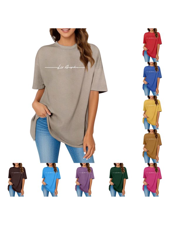 Womens Los Angeles Graphic T Shirt Oversized Crewneck Short Sleeve Letter Print California Vacation Casual Tee Tops