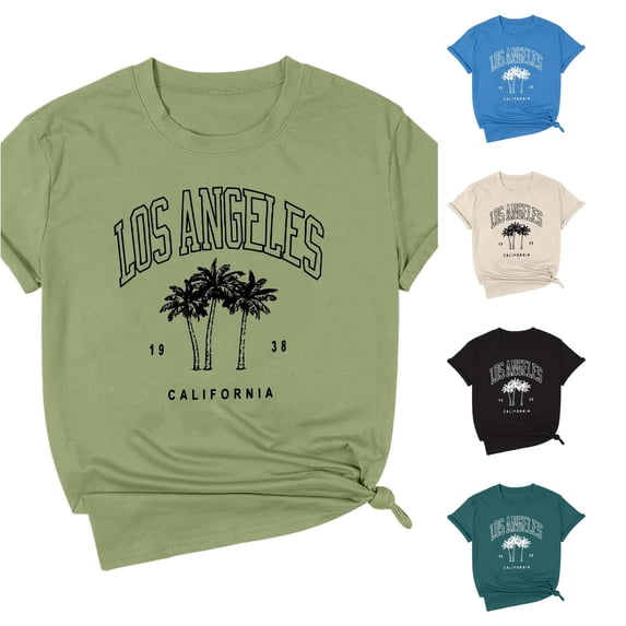 Trendfront Womens Los Angeles T Shirt California Palm Tree Print Short Sleeve Crew Neck Casual Travel Graphic Tees