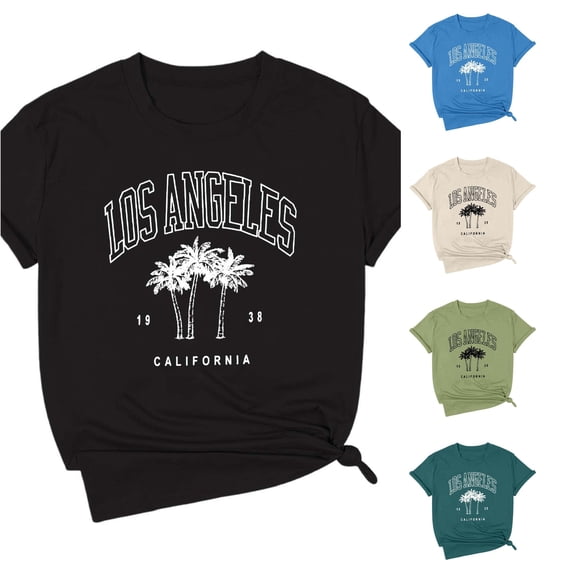 Trendfront Womens Los Angeles T Shirt California Palm Tree Print Short Sleeve Crew Neck Casual Travel Graphic Tees