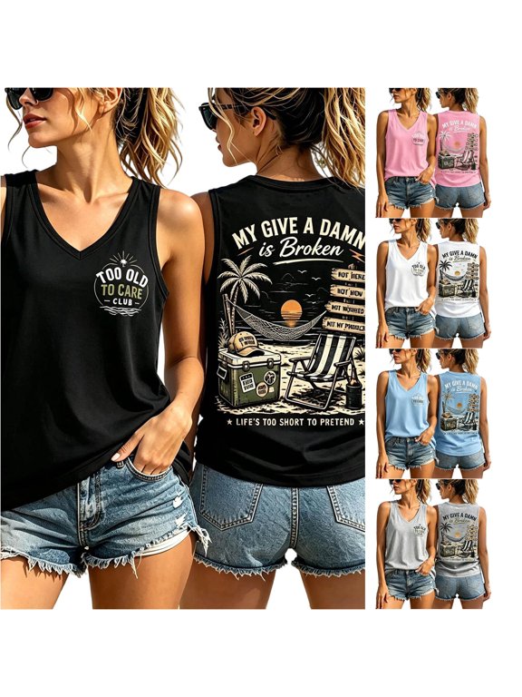 Womens MY GIVE A DAMN is Bro Tops V Neck Sleeveless Tank Tops Funny Letter Print Beach Vacation Everyday Casual Tee