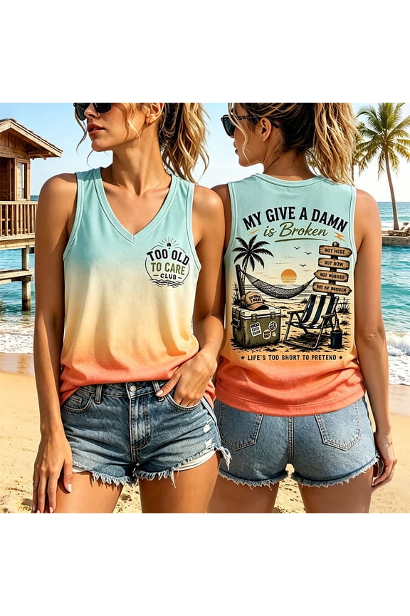 Womens MY GIVE A DAMN is Bro Tops V Neck Sleeveless Tank Tops Gradient Ombre Funny Letter Print Summer Beach Party Tee