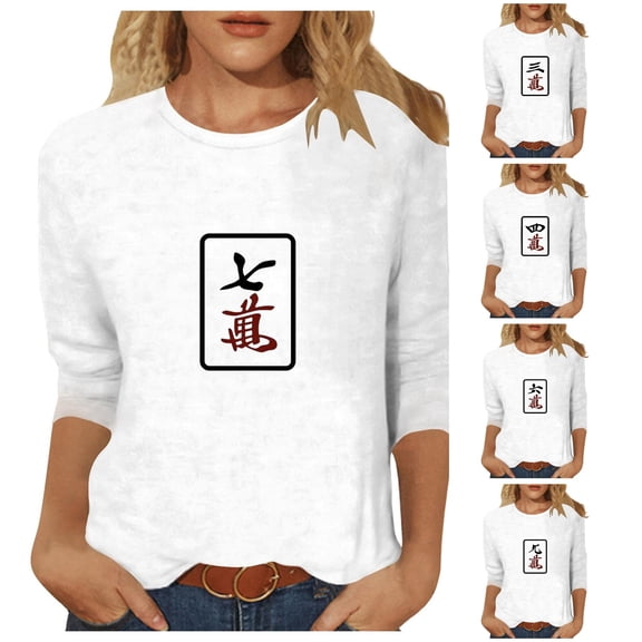Trendfront Womens Mahjong Tile Graphic T Shirts Crewneck 3/4 Sleeve Novelty Print Casual Fall Tee Tops for Women