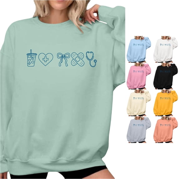 Trendfront Womens Medical Graphic Sweatshirts Crewneck Long Sleeve Cute Healthcare Print Casual Oversized Pullover Tops