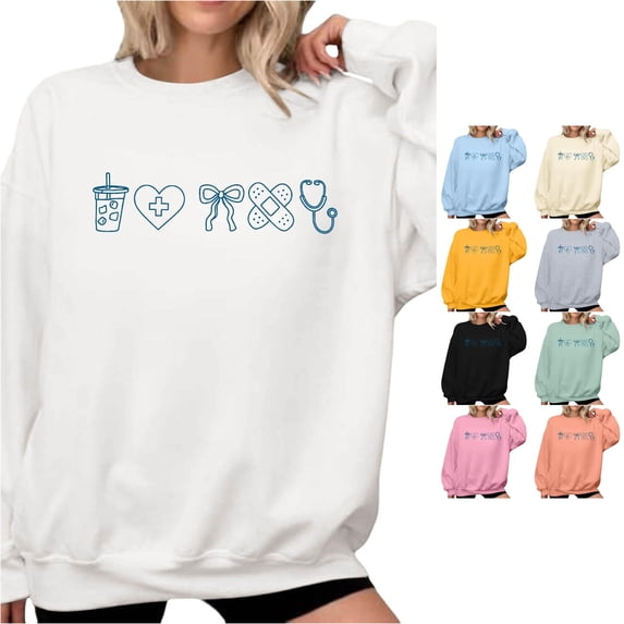 Trendfront Womens Medical Graphic Sweatshirts Crewneck Long Sleeve Cute Healthcare Print Casual Oversized Pullover Tops