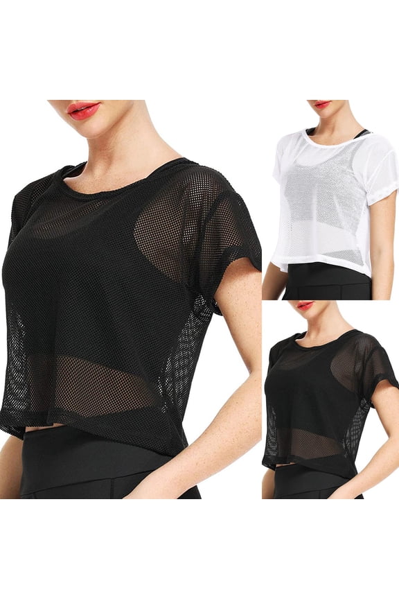 Womens Mesh Fishnet Tops Summer Fashion Crewneck T Shirts Short Sleeve Crop Tee Festival Layering Hollow Out Trendy Pullover Blouses