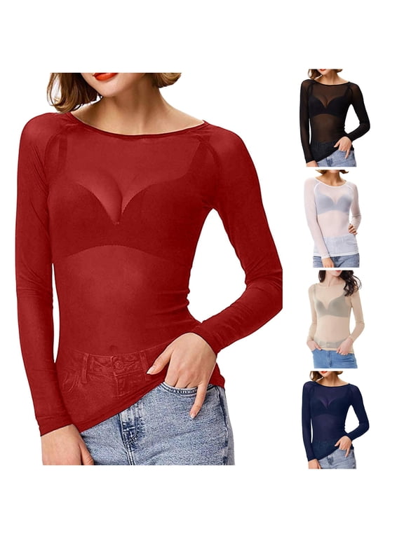 Womens Mesh Tops Crewneck Long Sleeve Sheer Slim Fit Layering Tee Casual Stretch Undershirt Base Layer Pullover Outfits