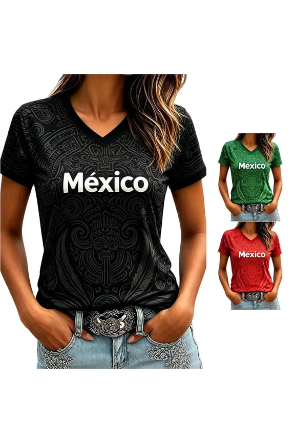 Womens Mexico Aztec Pattern T Shirts V Neck Short Sleeve Mexico Letter Graphic Football Fan Match Day Country Pride Tee Tops