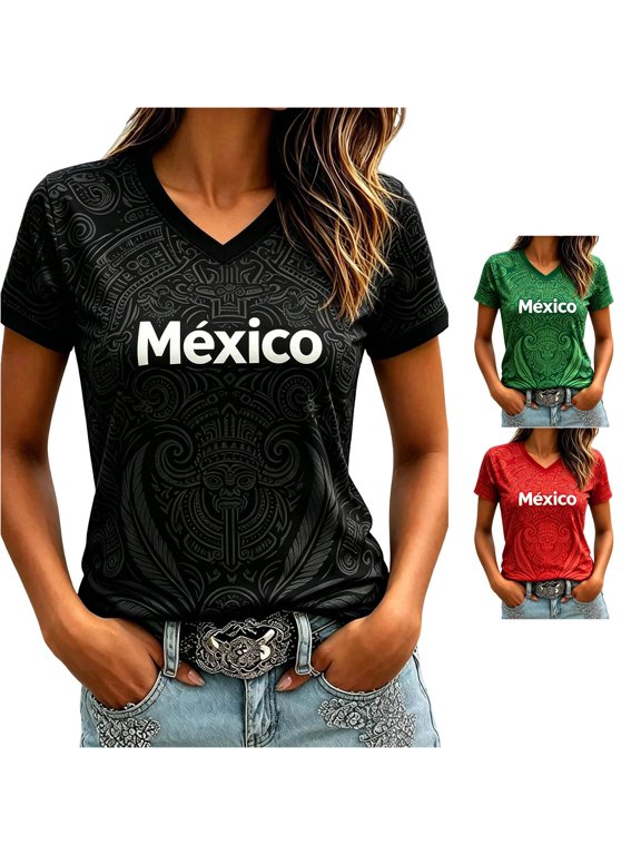 Womens Mexico Aztec Pattern T Shirts V Neck Short Sleeve Mexico Letter Graphic Football Fan Match Day Country Pride Tee Tops