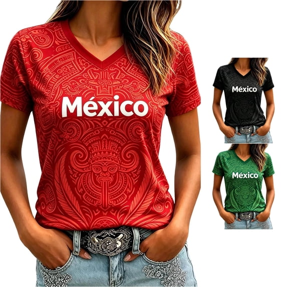 Trendfront Womens Mexico Aztec Pattern T Shirts V Neck Short Sleeve Mexico Letter Graphic Football Fan Match Day Country Pride Tee Tops