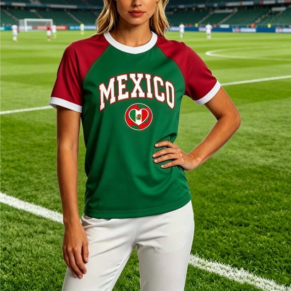Trendfront Womens Mexico Crest Graphic T Shirts Raglan Short Sleeve Country Pride Football Fan Stadium Style Athletic Tee Tops
