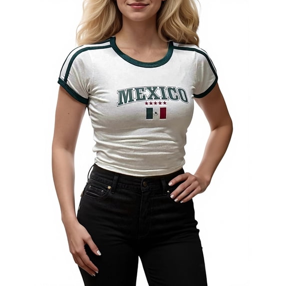 Trendfront Womens Mexico Graphic Ringer Tee Crewneck Short Sleeve Contrast Letter Flag Print Y2K Baby Tee Slim Fit Casual Streetwear Tops