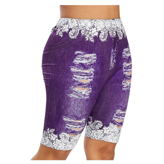 Trendfront Womens Mid Rise Shorts Distressed Denim Print Lace Patchwork Graphic Stretch Casual Summer Bermuda Shorts