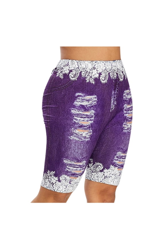 Womens Mid Rise Shorts Distressed Denim Print Lace Patchwork Graphic Stretch Casual Summer Bermuda Shorts