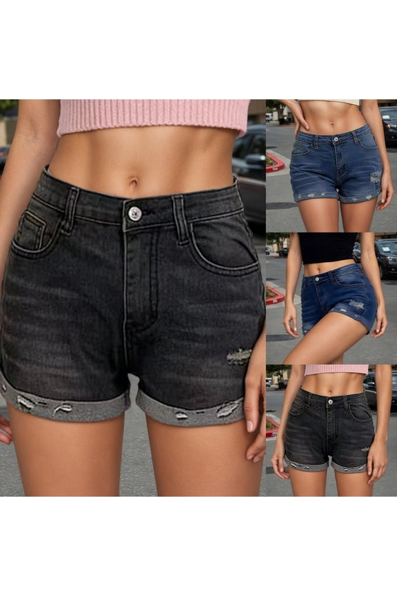 Womens Mid Rise Slim Fit Distressed Fringe Denim Style Shorts Flattering Summer Fashion Streetwear Bottoms