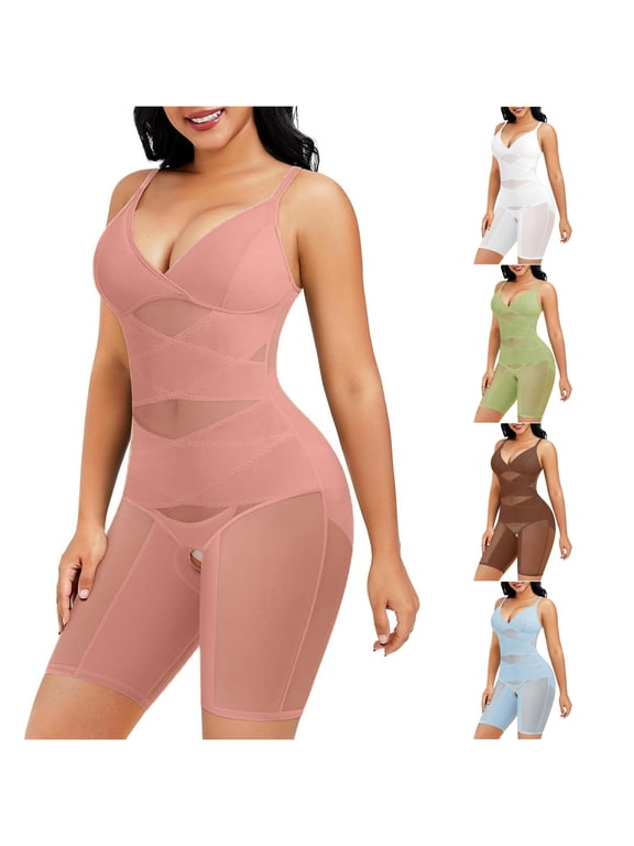 Womens Mid Thigh Open Crotch Shapewear Bodysuit Spaghetti Straps V Neck Tummy Control Mesh Panel Compression Body Shaper