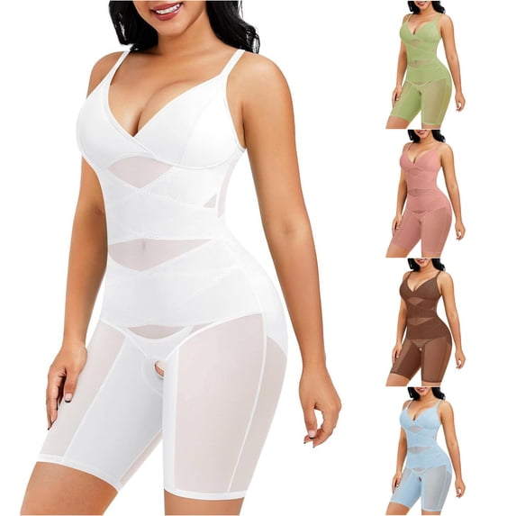 Trendfront Womens Mid Thigh Open Crotch Shapewear Bodysuit Spaghetti Straps V Neck Tummy Control Mesh Panel Compression Body Shaper