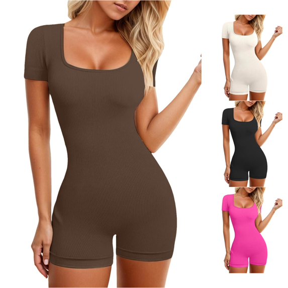 Trendfront Womens Mid Thigh Seamless Bodysuit Short Sleeve Scoop Neck Ribbed Texture Tummy Control Body Shaper Compression Romper