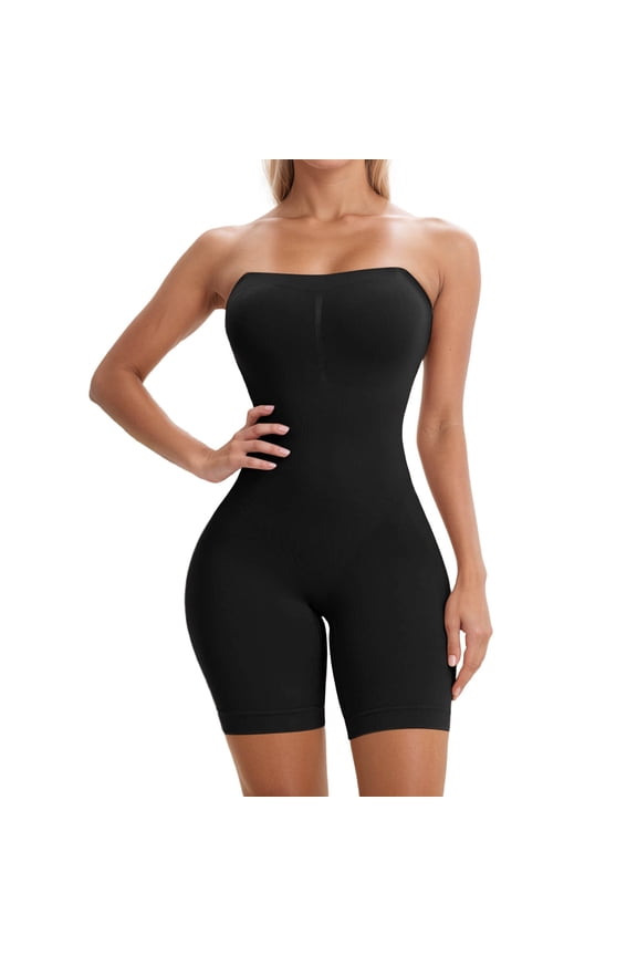 Womens Mid Thigh Shapewear Bodysuit Strapless Tummy Control Full Body Shaper Smoothing Sculpting Jumpsuit Under Clothes