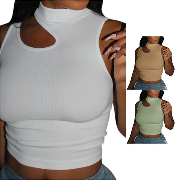 Trendfront Womens Neck Crop Tank Top Sleeveless Solid Color Tee Cutout Front Slim Fit Going Out Y2K Casual Tops