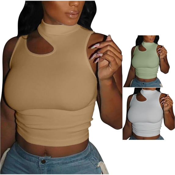 Trendfront Womens Neck Crop Tank Top Sleeveless Solid Color Tee Cutout Front Slim Fit Going Out Y2K Casual Tops
