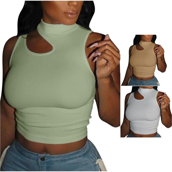 Trendfront Womens Neck Crop Tank Top Sleeveless Solid Color Tee Cutout Front Slim Fit Going Out Y2K Casual Tops