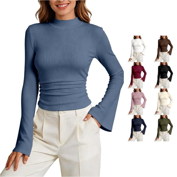 Trendfront Womens Mock Neck Top Flared Long Sleeves Ribbed Texture Fitted Everyday Casual Layering Shirt