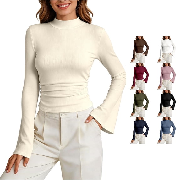Trendfront Womens Mock Neck Top Flared Long Sleeves Ribbed Texture Fitted Everyday Casual Layering Shirt