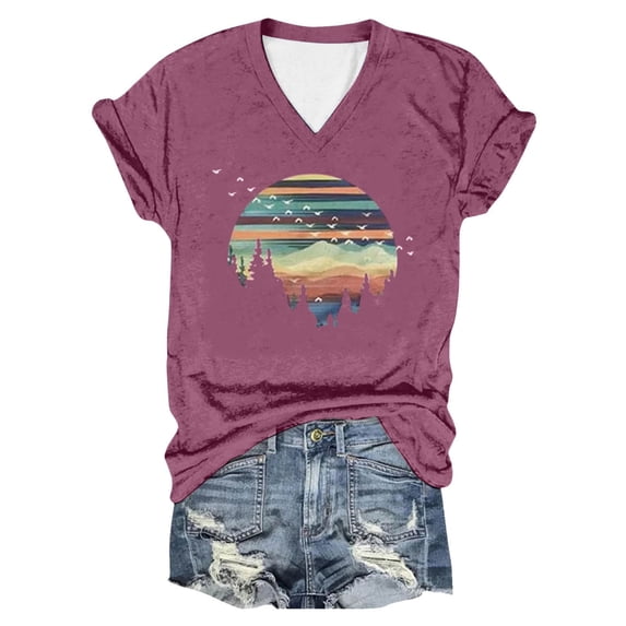 Trendfront Womens Mountain Graphic T Shirt Sunset Stripes Trees And Birds V Neck Short Sleeve Casual Top