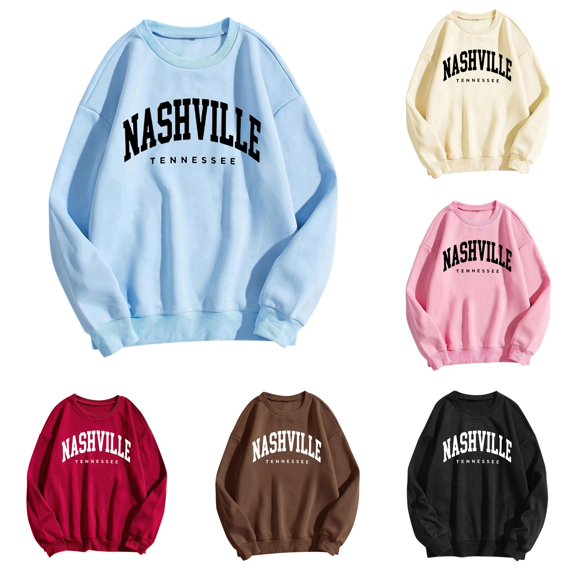 Trendfront Womens Nashville Graphic Sweatshirts Crewneck Long Sleeve Tennessee Letter Print Relaxed Fit Casual City Pullover Tops