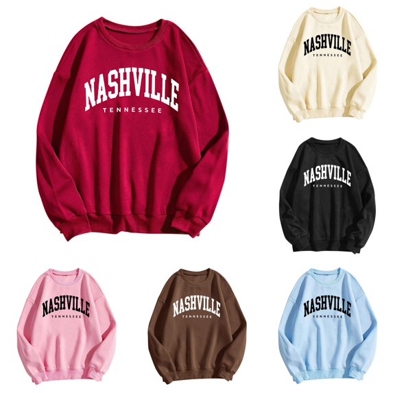 Trendfront Womens Nashville Graphic Sweatshirts Crewneck Long Sleeve Tennessee Letter Print Relaxed Fit Casual City Pullover Tops