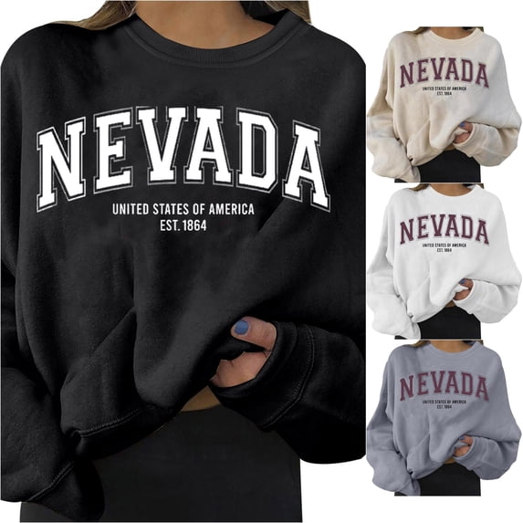 Trendfront Womens Nevada Sweatshirt Letter Graphic Crewneck Long Sleeves Relaxed Casual Pullover Sweater Top