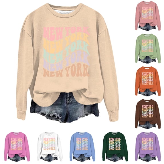 Trendfront Womens New York Graphic Sweatshirt Crewneck Long Sleeve Relaxed Fit Casual Fall Everyday Pullover Sweater Tops