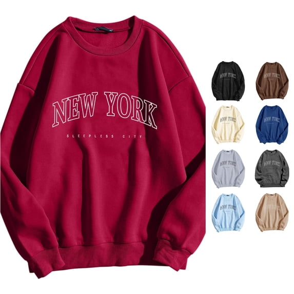 Trendfront Womens New York Graphic Sweatshirt Long Sleeve Crewneck Letter Print Sleepless City Theme Pullover Top
