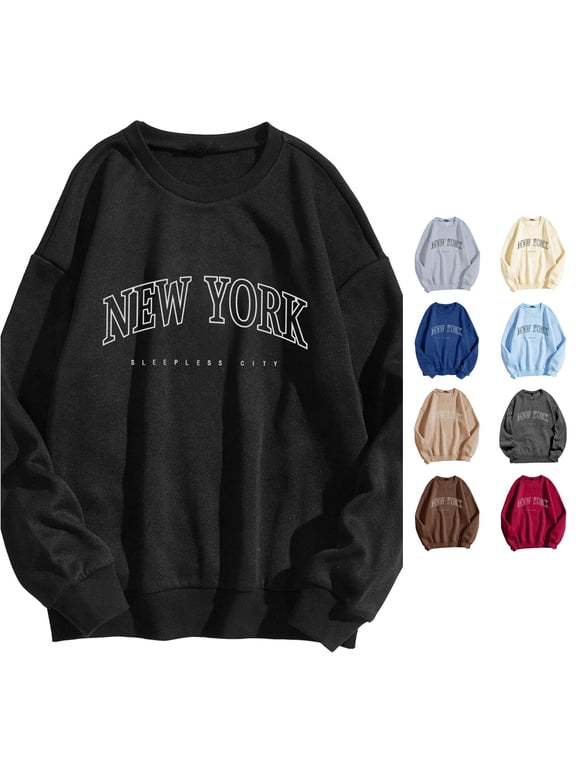 Womens New York Graphic Sweatshirt Long Sleeve Crewneck Letter Print Sleepless City Theme Pullover Top