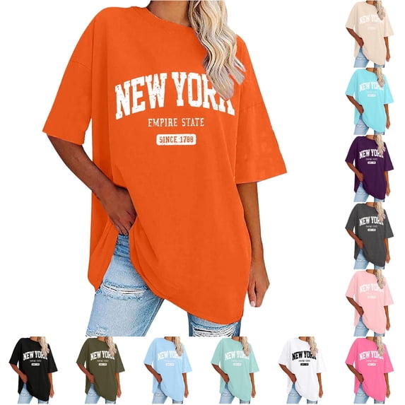 Trendfront Womens New York Graphic T Shirt Oversized Retro State Letter Print Crewneck Short Sleeve Summer Fashion Casual Slouchy Tops