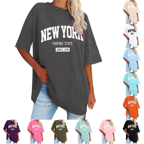 Trendfront Womens New York Graphic T Shirt Oversized Retro State Letter Print Crewneck Short Sleeve Summer Fashion Casual Slouchy Tops