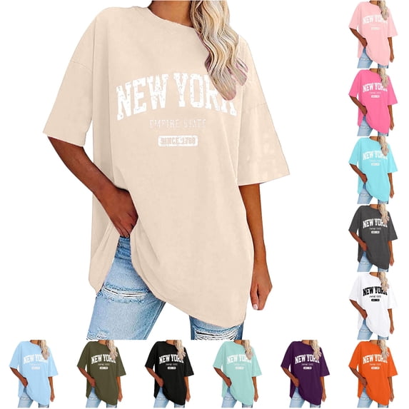 Trendfront Womens New York Letter Graphic T Shirts Crewneck Short Sleeve Oversized Retro Print Relaxed Fit Casual Summer Tee Tops
