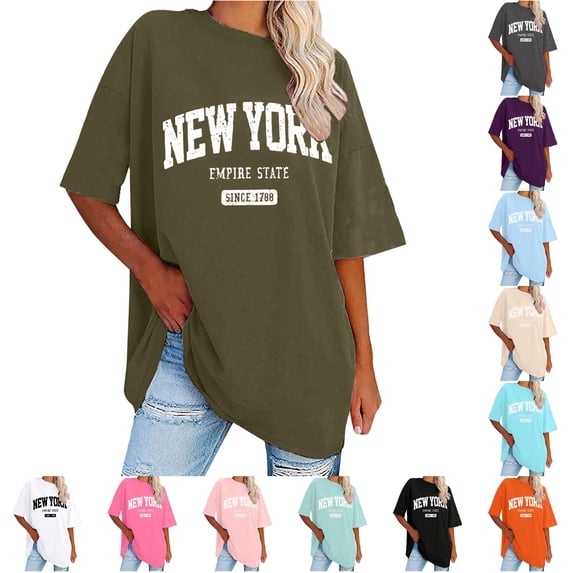 Trendfront Womens New York Letter Graphic T Shirts Crewneck Short Sleeve Oversized Retro Print Relaxed Fit Casual Summer Tee Tops